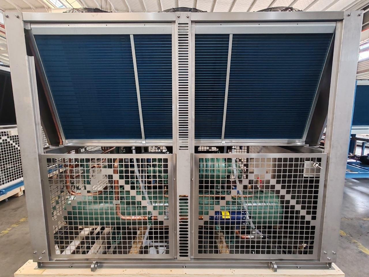Outdoor condensing unit with two Bitzer semi-hermetic compressors behind the grille
