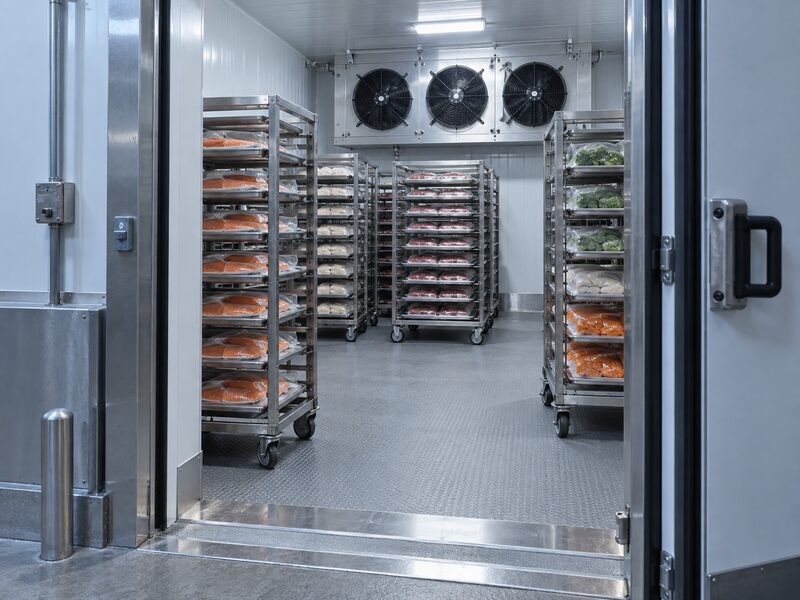 Blast-freezing chamber with stainless racks and an evaporator fan bank.