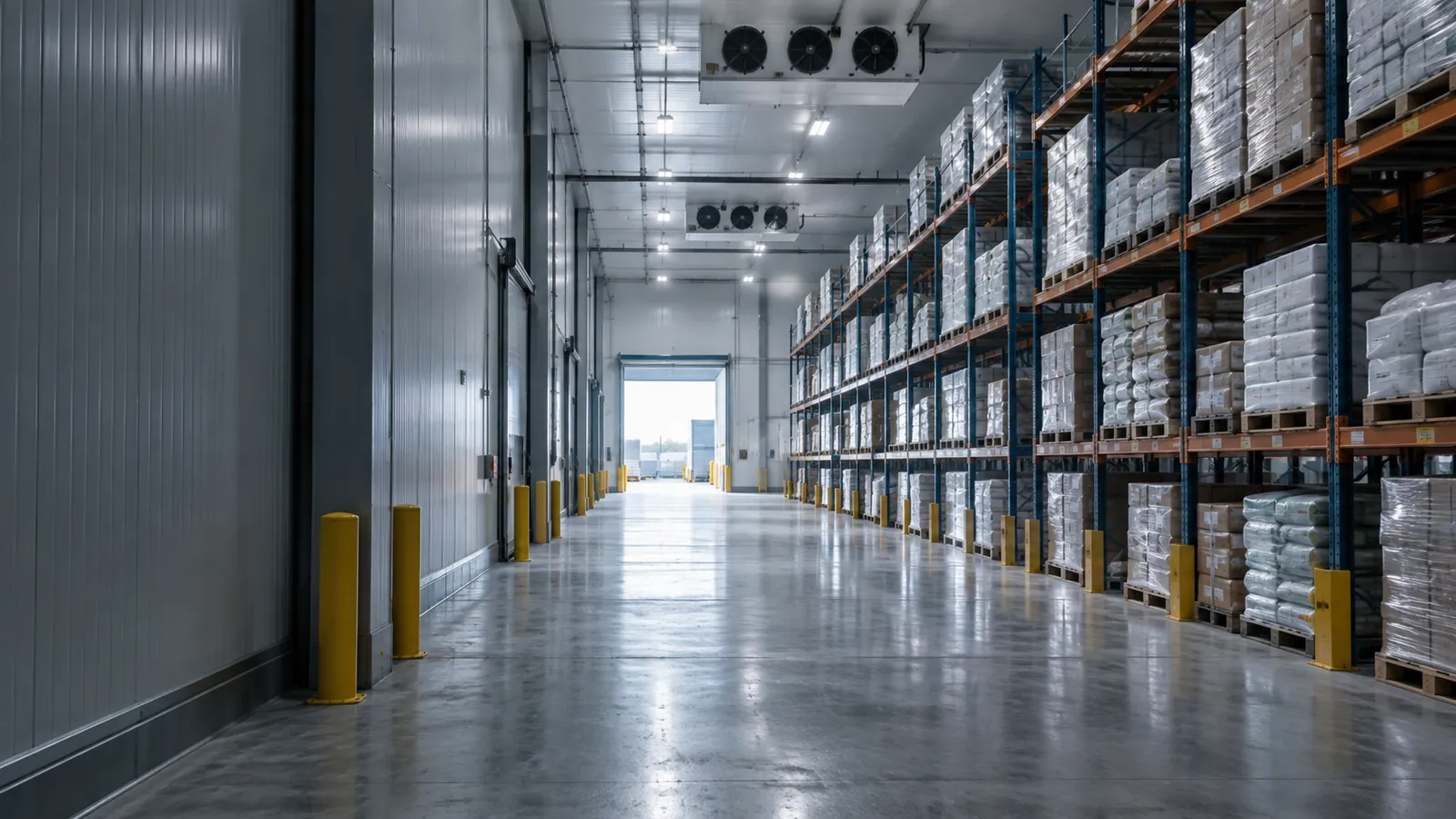 Pallet rack beams and stored product beside the cold-room aisle