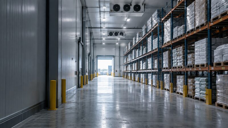 Pallet storage inside an insulated commercial cold room.